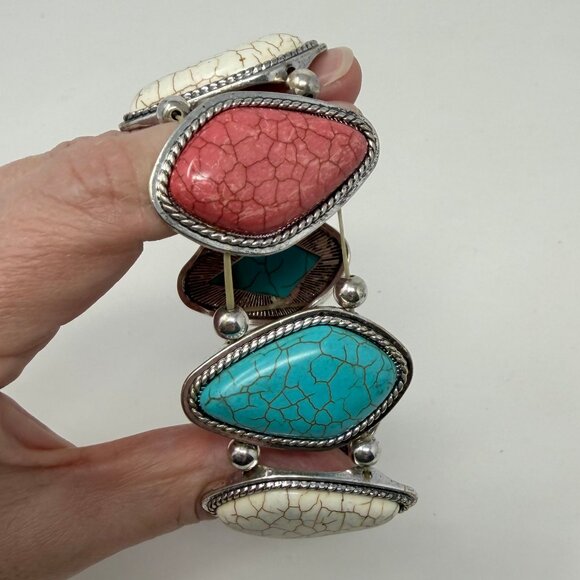 Southwestern Chunky Faux Turquoise Stretch Bracelet Stones Beads Blue Red White - Picture 7 of 9